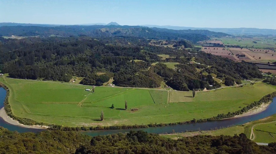 View West from about 100 m above the point: Whakatane River, Mount Edgecumbe 