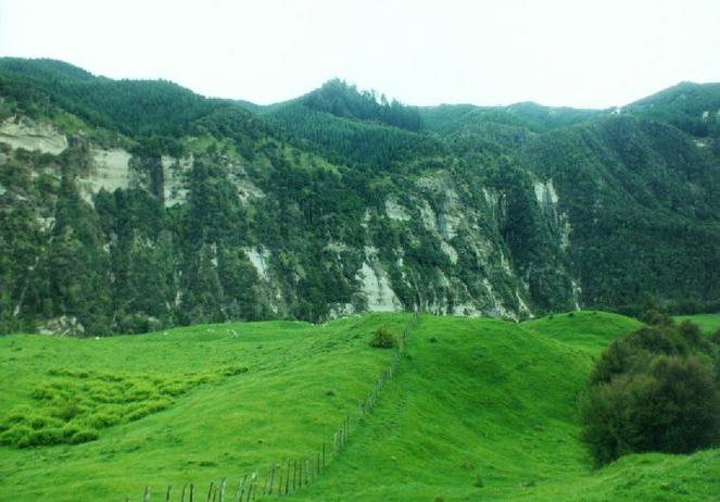 View down to the Mohaka river and mudstone cliffs below