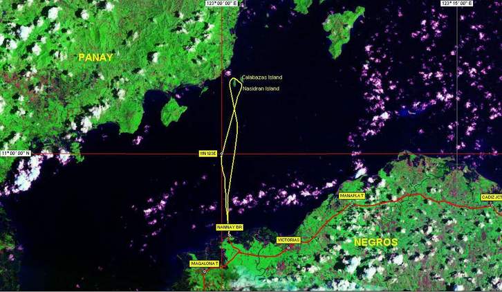 Track of the boat trip out to the confluence and then on and around Nasidran Island