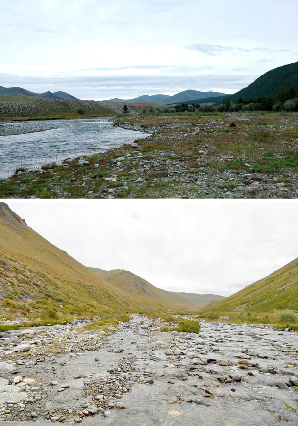 Buguzun river (U – campsite, D – driving on the riverbed) / река Бугузун (В – у лагеря, Н - едем по руслу)