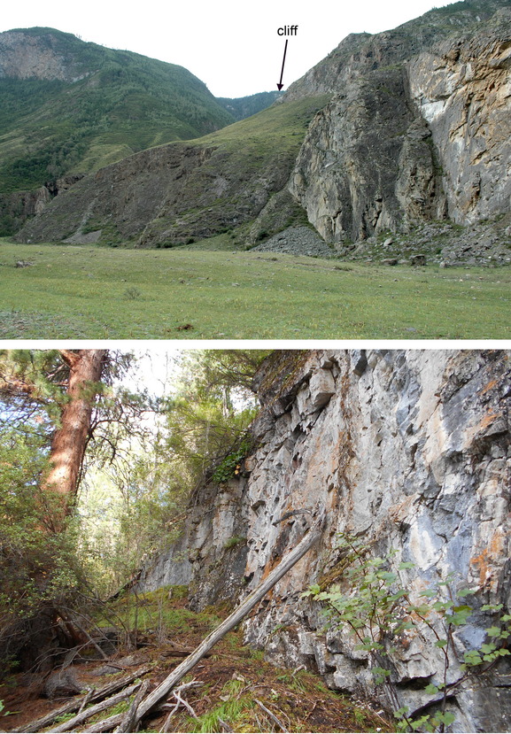 Confluent cliff (U) View from the valley bottom / Скала около N55E88, (B) вид снизу от Чулышмана