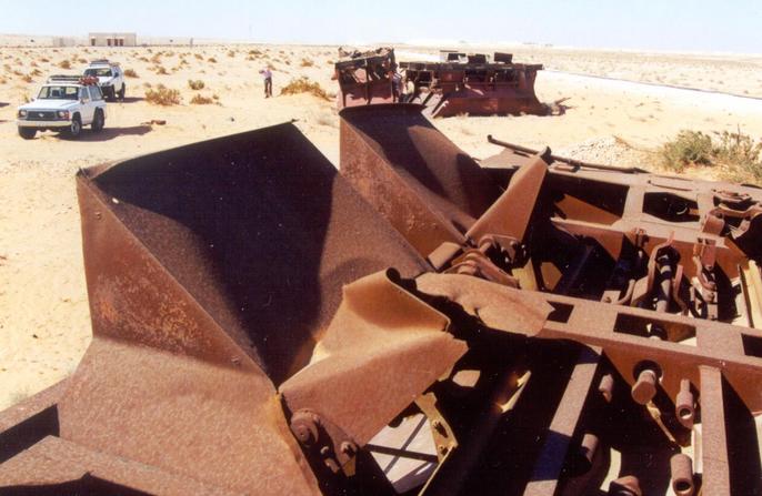 Wrecked railway carriages