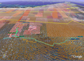 #8: Google Earth perspective view of the confluence area, with vehicle tracks for the 4 day tour, camp sites labeled with the overnight date, and way point flags for 22N 54E and 22N 55E.