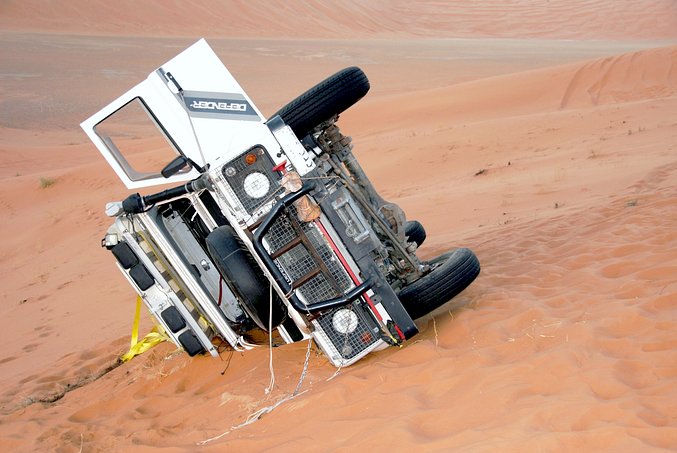 Defender after tipping over on a sidehill, 16:30, 9 February. It was pulled back on its wheels that night, with the help of 2 winches.