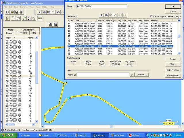 Detailed Ship Track with extremely close 5 m-approach highlighted (MapSource, Garmin V 25°0.002'N 36°59.999'E )