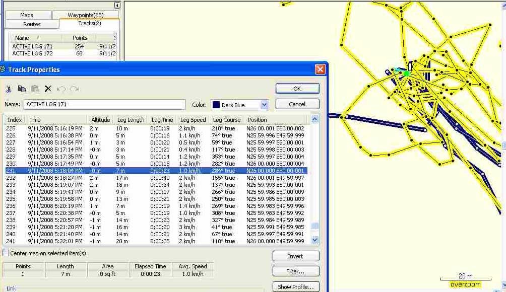 Garmin Track Log listing with a very close sample highlighted in blue; it is also in blue on the track map. During one of three very close passes, the GPS displayed all zeros.