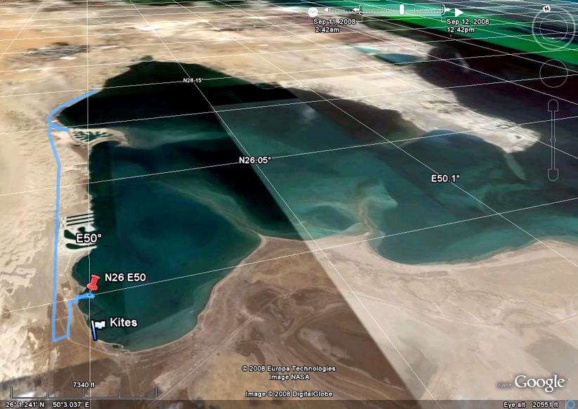 Google Earth 3D View of Half Moon Bay, Confluence Pin, beach launch site, and kite boarding beach