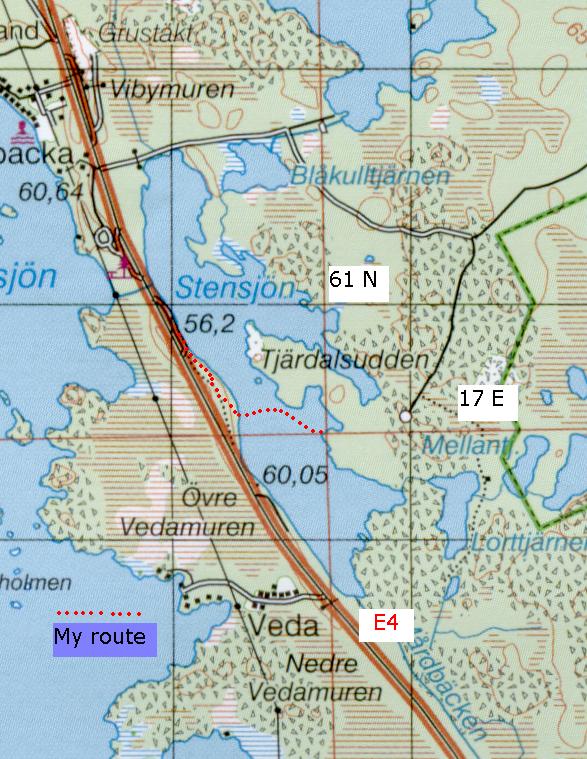 Map over the area. 1:50000 scale. Vertical& horizontal lines are 1 km apart