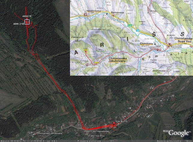 My track on the map (© VKU Harmanec) and on the satellite image (© Google Earth 2007)