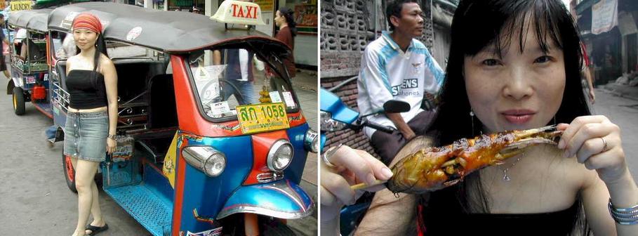 Xiaorong with a tuktuk and a munching on a tasty fish.