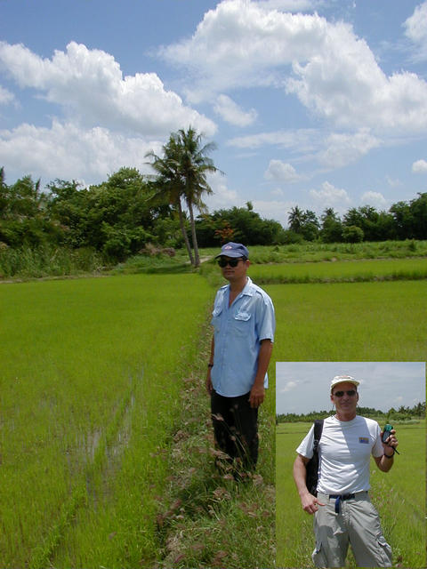 Khow and Edward (insert) at the confluence. View looking West (insert East). Khow is a Bangkok taxi driver with an impressive knowledge of local geography, flora, and fauna.