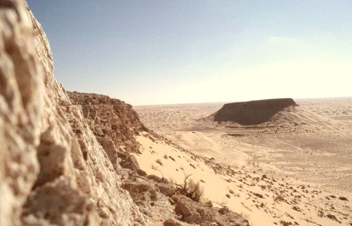 Table Mountain surrounded by dunes.