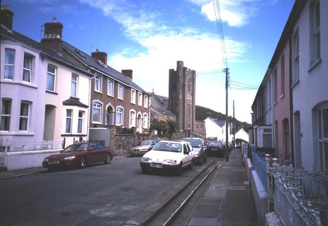 The middle of Goodwick, 300m away