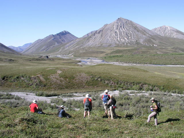 Looking back south towards the gravel bar airstrip/ put-in point on the Kongakut River from a ridge 400 feet above the lower end of the 69N 142W drainage.