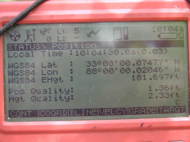 Shot of the GS50 screen showing our coordinate (with 1.36 feet accuracy).