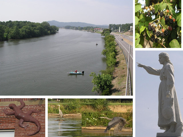 Confederate heroine Emma Sansom points towards the cp, or perhaps blackberries along the banks of the Coosa River, seen here from the Broad Street Bridge.