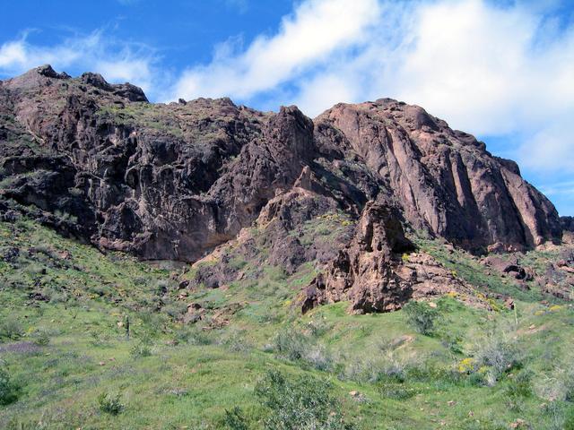 Overview of confluence.  Confluence is on rock face in picture center