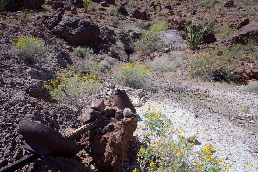 Equipment from an old mine, at 33.01275°N 113.98247°W, 1.34 miles northeast of the point. (The mineshaft is visible at the rear.)