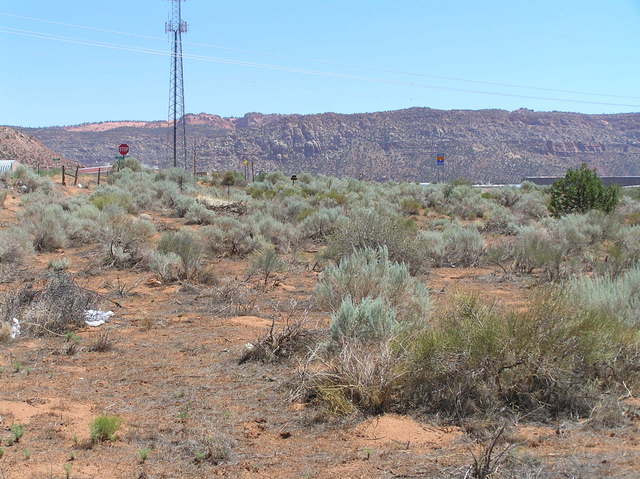 View to the east from the confluence; Arizona welcome sign visible.