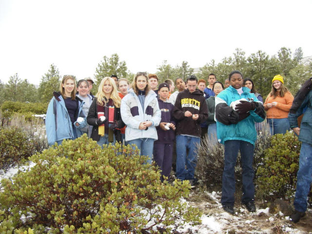 Our 28 intrepid hunters representing the Eighth Grade Class from Sacramento Adventist Academy at the confluence spot.