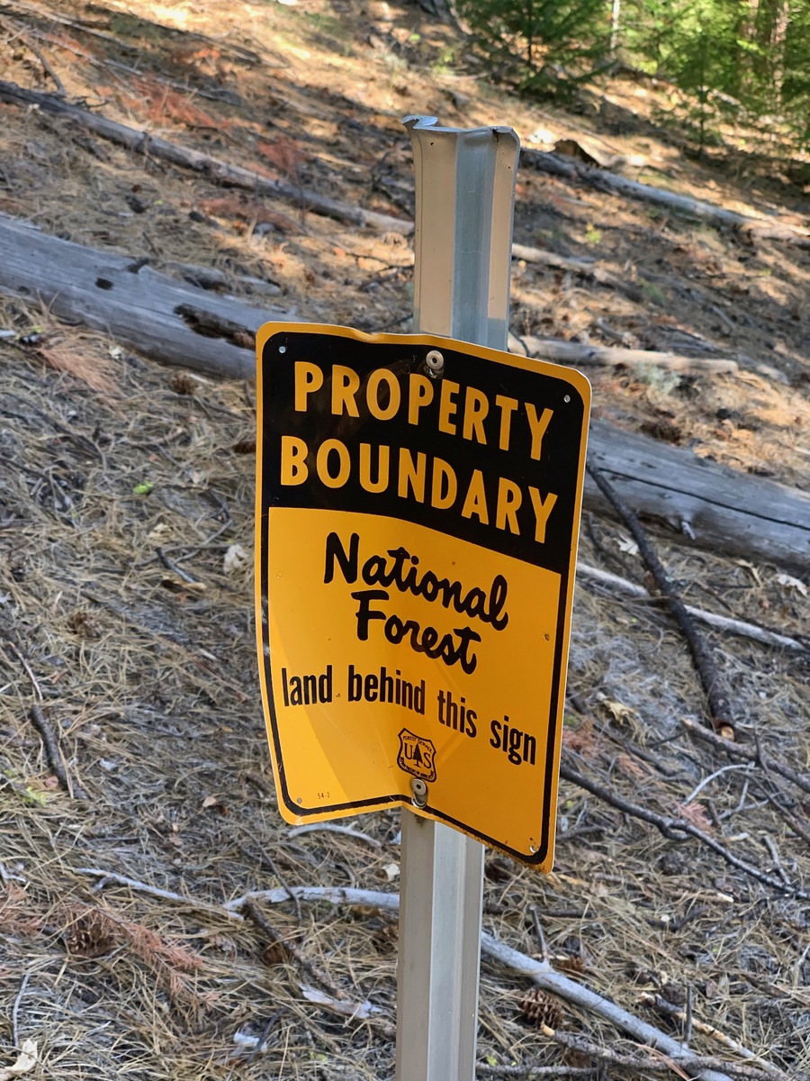 This Forest Service sign seems to mark the California-Oregon state line, just 240m North of the point