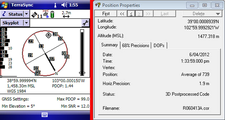 Raw TerraSync data on the left and post processed position on the right. 