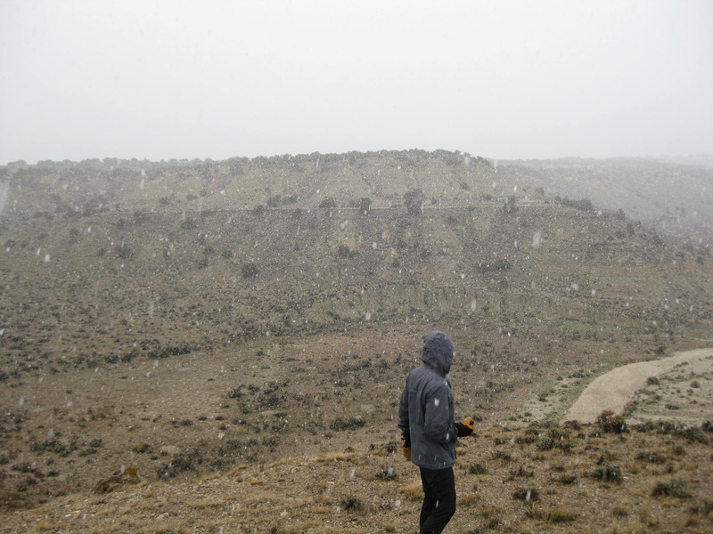 About to hike down into the canyon across the dry creek bed, fat snowflakes a-fallin'