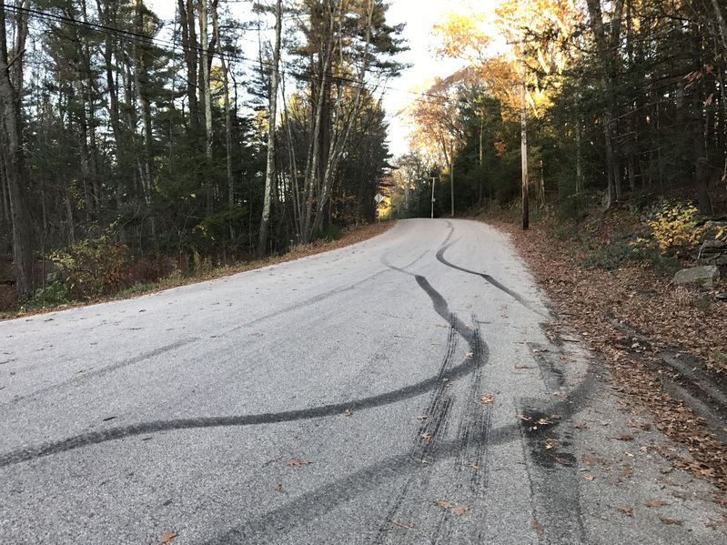 Some nasty skid marks 400 meters southeast of the confluence point. 