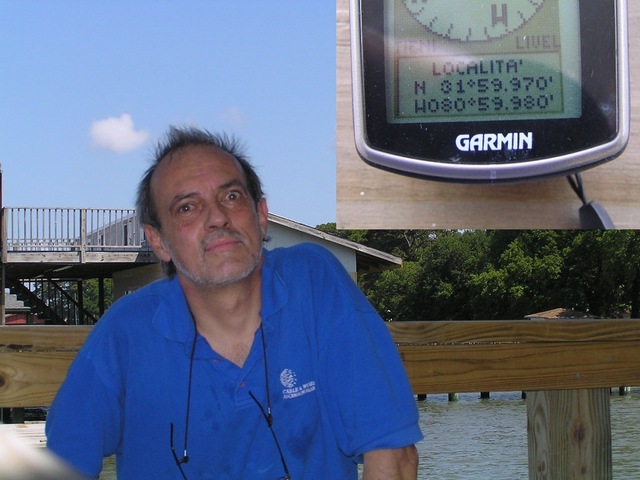 Captain Peter on the dock, closest possible to the Confluence