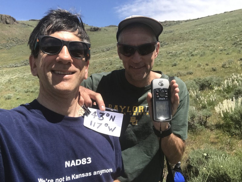 Joseph Kerski and Mark Petersen at the confluence of 43 North 117 West.