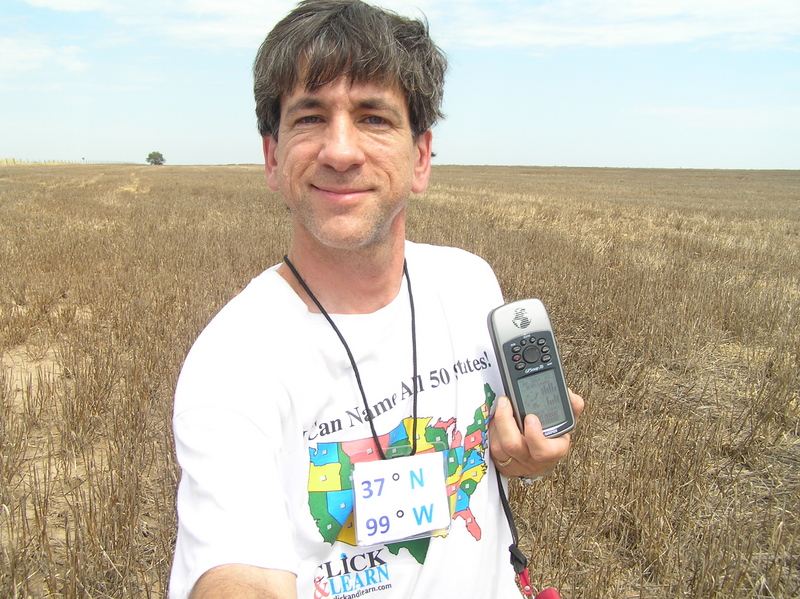 Joseph Kerski at the confluence of 37 North 99 West.