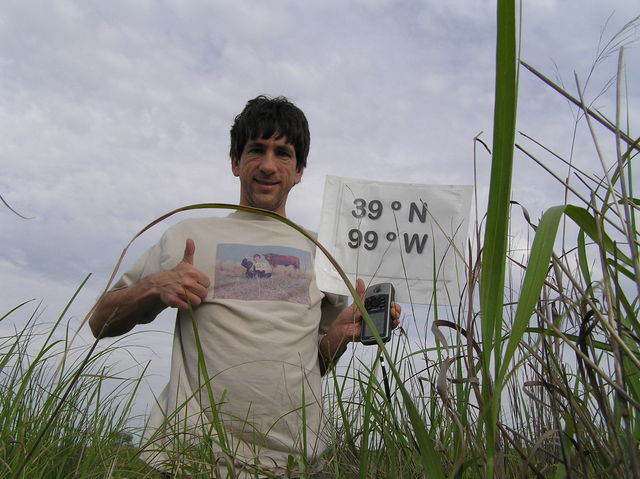 Joseph Kerski with confluence shirt on from a confluence visit in Montana, here in Kansas.