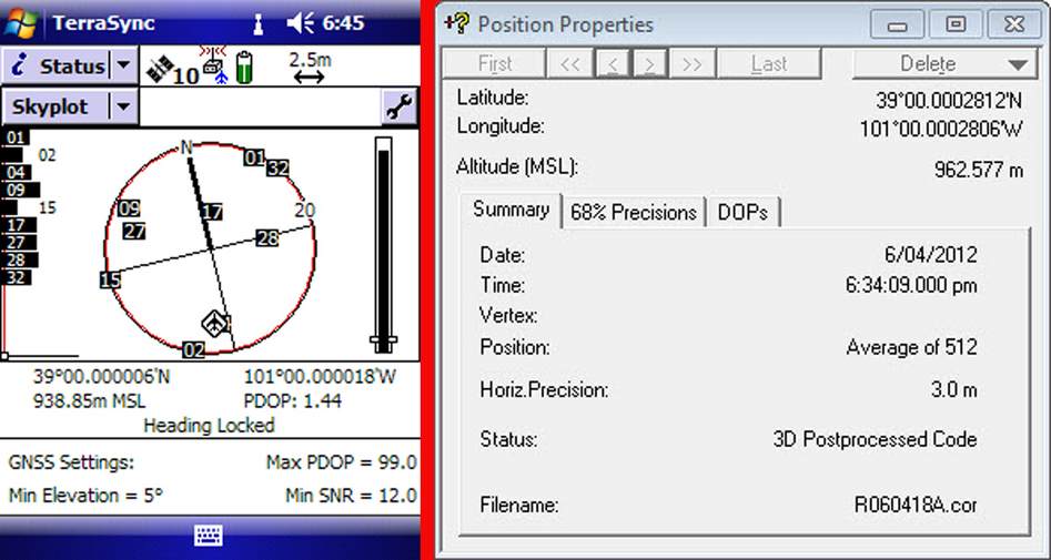 Raw TerraSync data on the left and post processed position on the right