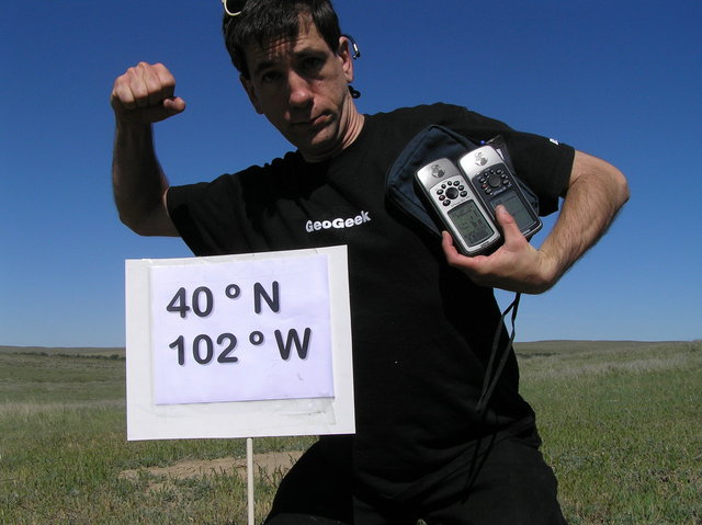 Joseph Kerski, GeoGeek, celebrates confluence victory.