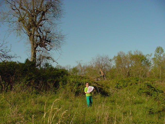 Christa standing at confluence in front of fallen tree, facing NE