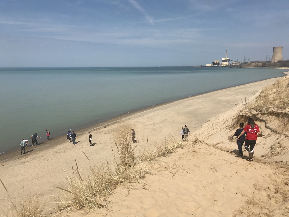 Walking down the sand dune toward the shore south of the confluence point.