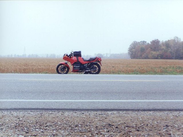 My '88 BMW K75S on the shoulder of M-21, about 100 yards south of the confluence.