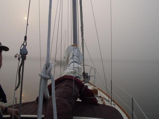 Alliance underway, departing the McKinley Marina in Milwaukee, WI in the fog as the sun rises in the east