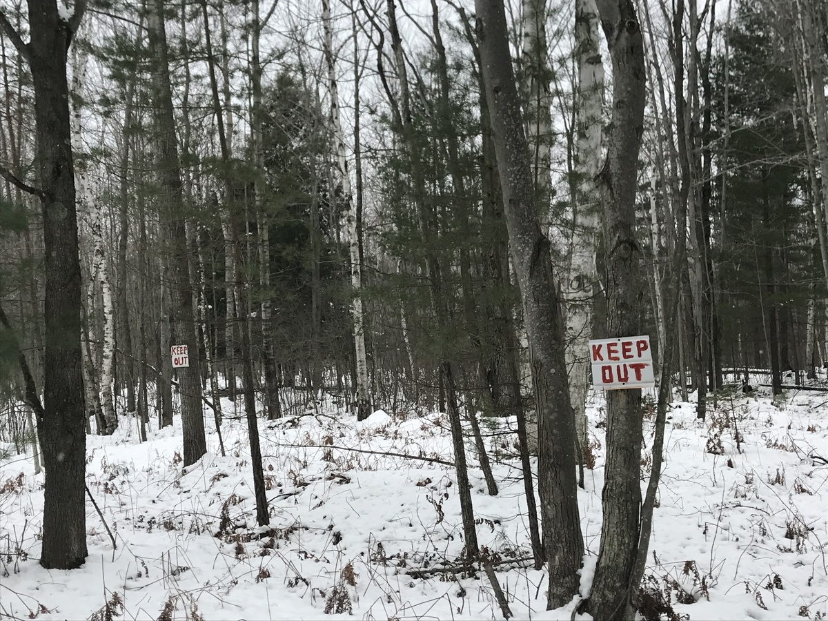 Keep out signs on the north side of the east-west road.