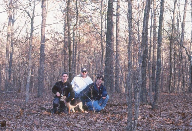 Jon, Dave, Jody, and Sheila, the GPS dog, on the confluence