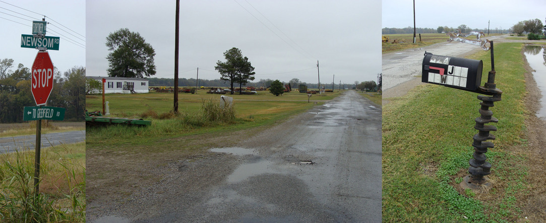 The approach on Colony Road with 33N 91W off to the left, flanked by pictures of Newsom Rd. sign and vowel-less mailbox.