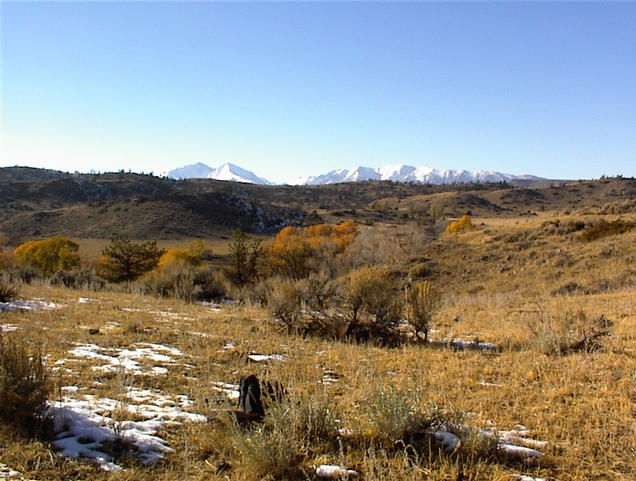 West view of Crazy Mountains from confluence