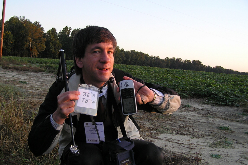 Joseph Kerski at the confluence of 36 North 78 West.