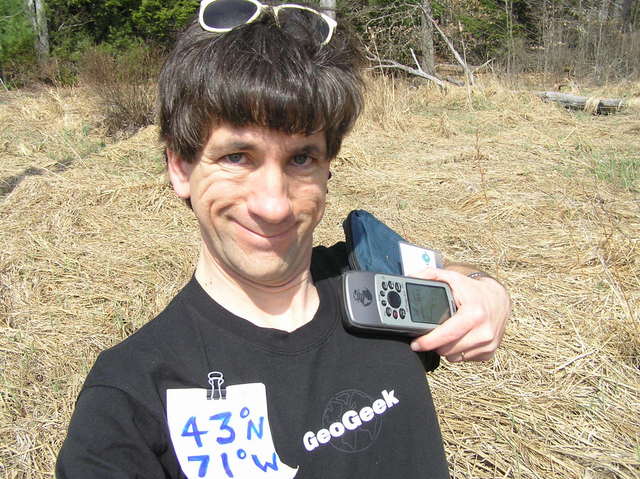 Joseph Kerski at the confluence site in the New Hampshire woods.