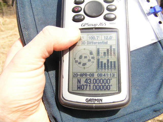 GPS reading at the confluence.