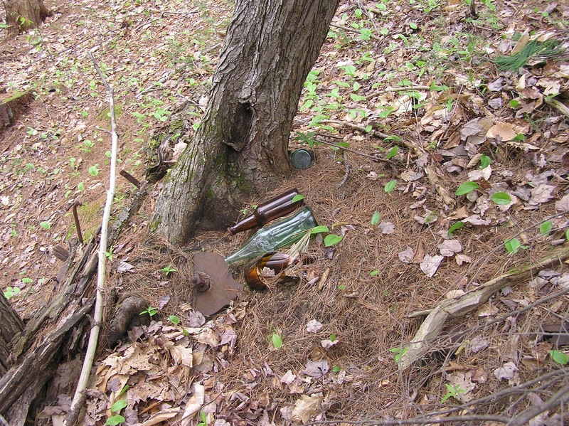 The confluence point lies in a junk pile behind a shed, close to these bottles