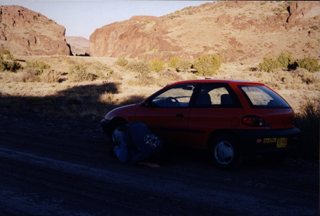 A candid shot of David trying to figure out if anything was in the wheel wells.