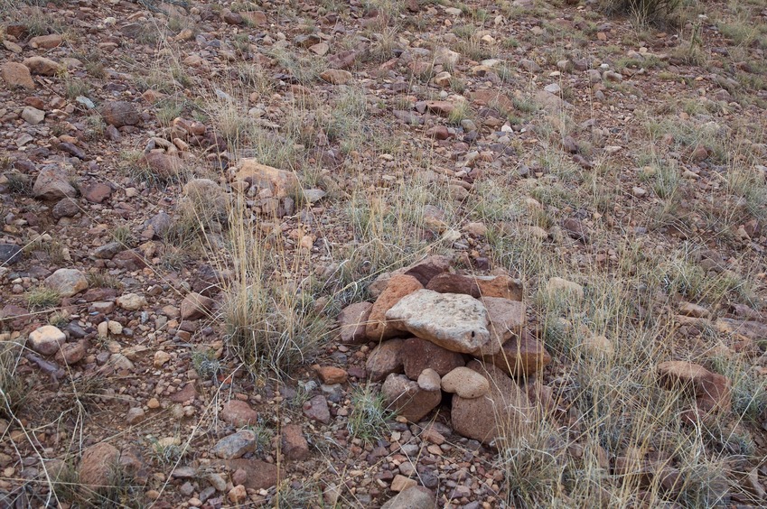 The confluence point lies on a sparsely-vegetated, rock-strewn hillside