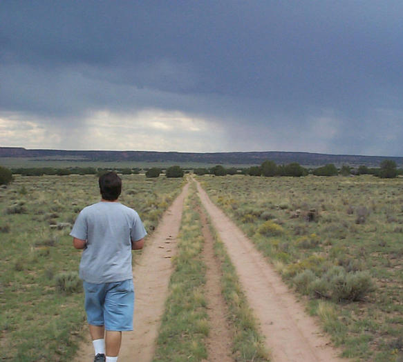 Chuck walking on the road that shouldn't be traversed by a Honda Civic.