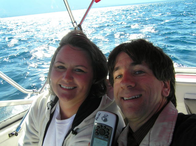 Barbaree Duke and Joseph Kerski in self-portrait aboard the confluence boat on Lake Tahoe.